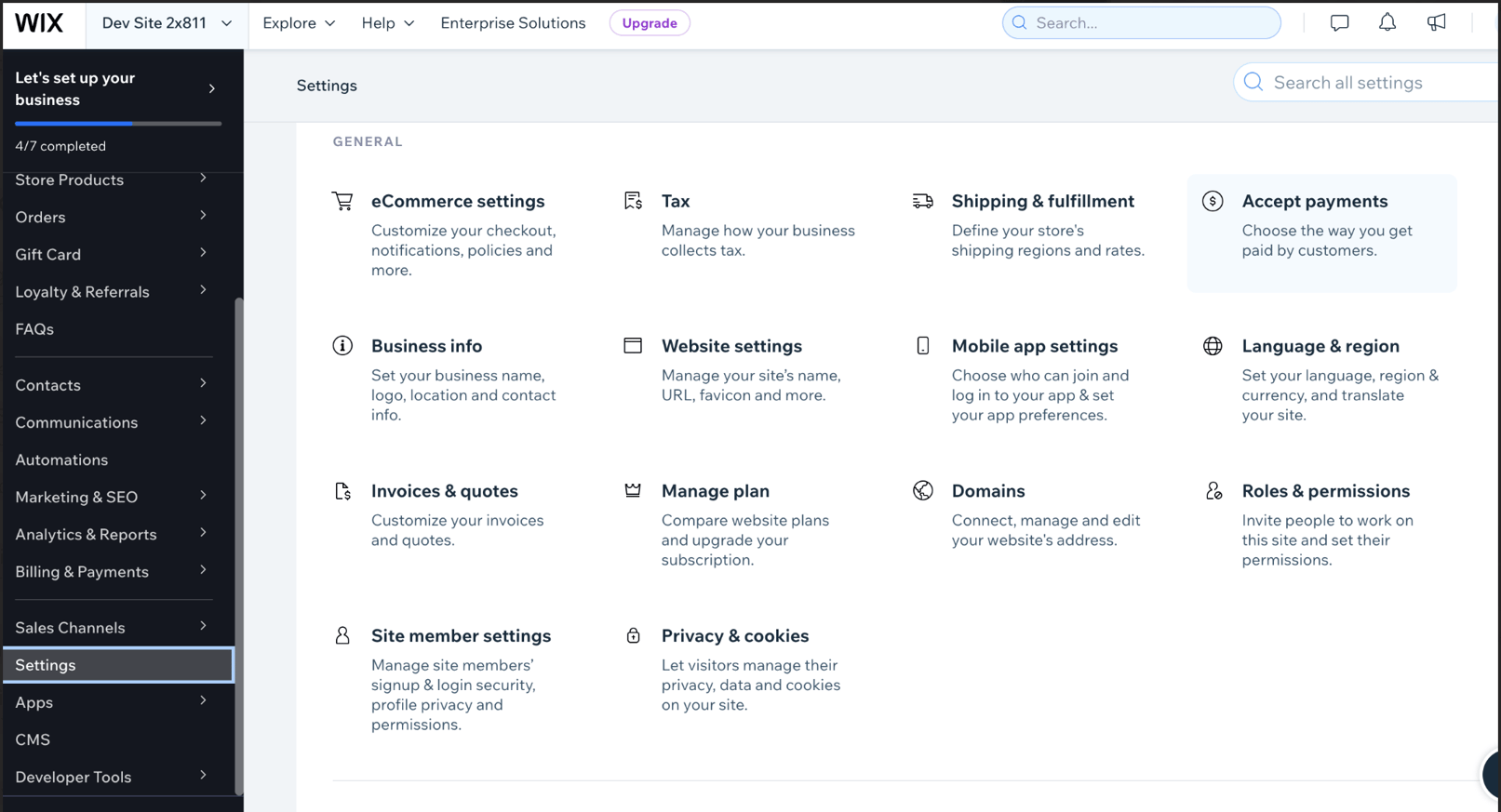 Wix dashboard